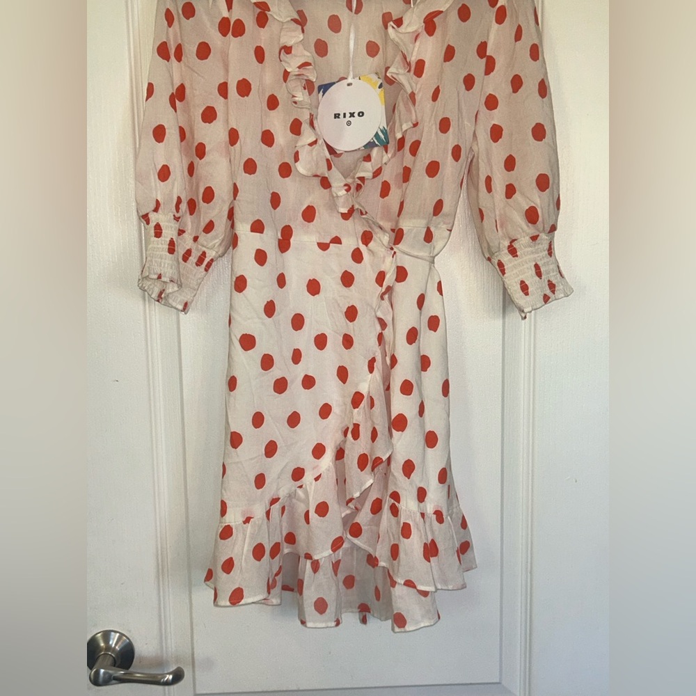 RIXO Polka Dot Ruffle Wrap Dress - Cream with Dots sz XS - Picture 7 of 11